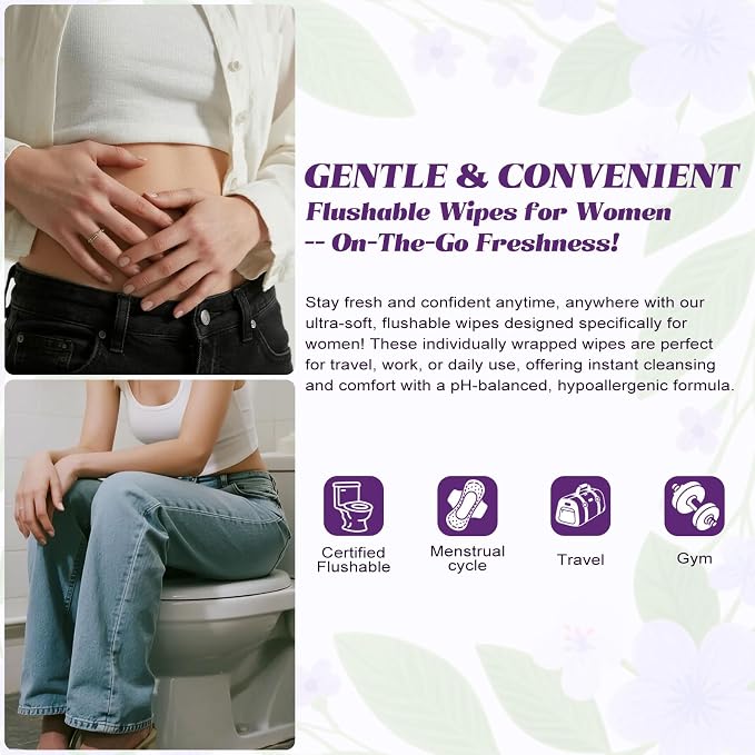 twoworld 100 Feminine Wipes Individually Wrapped,Flushable Wipes Travel | Feminine Care Vaginal Wipes for Adult,Women,Girl and Homeless(Lavender)