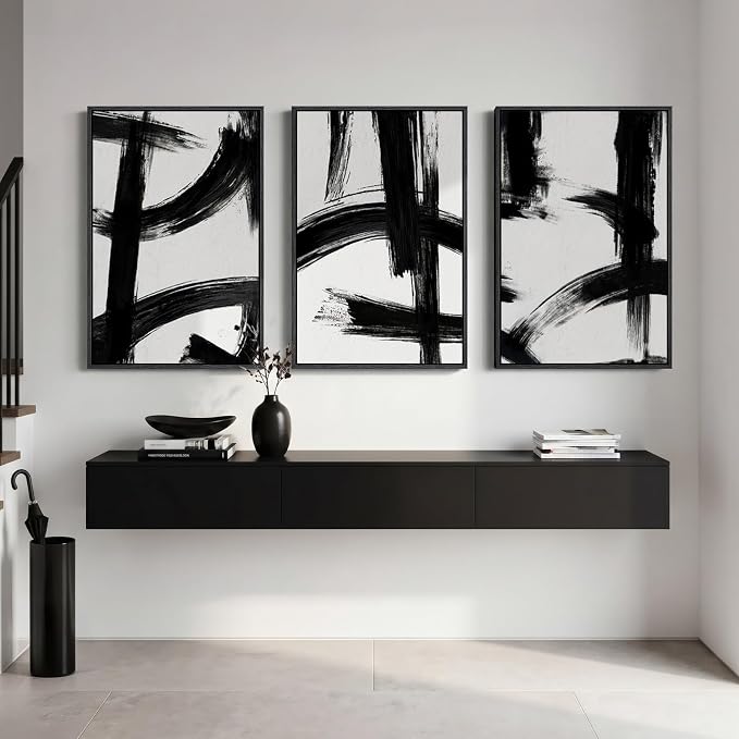 Large Framed Black and White Abstract Wall Art for Living Room, 3 Piece Big Canvas Prints Paintings Artwork for Walls, Modern Minimalist Pictures Wall Decor for Bedroom Office Hallway, 24x36 In