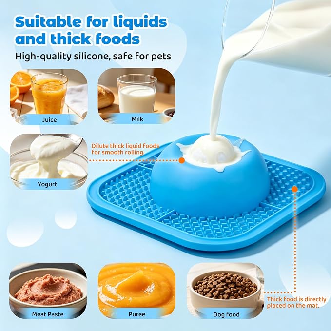 Slow Eating Dog Bowls & Lick Pad for Liquid & Creamy Snacks, Non-Slip Pet Lick Bowl with Interactive Rolling Ball, 5/6 Cup Puppy Lick Toy for Small Medium Large Dogs & Cats (Blue)