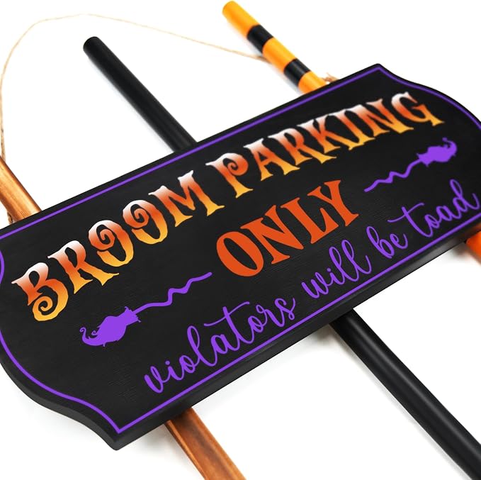 Halloween Decorations - Broom Parking Sign with 3 Wooden Witches Brooms | Hocus Pocus Decor, Halloween Decor, Front Porch Wall Decoration, For Indoor Outdoor Home Office Party