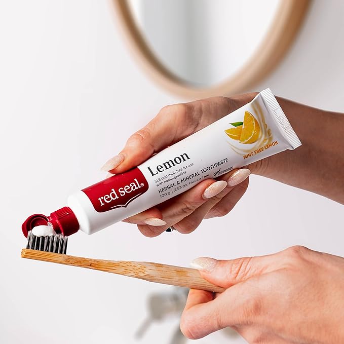 Red Seal Herbal & Mineral Fluoride Free Lemon Toothpaste - Mint Free Toothpaste for Adults - Vegan Friendly, Cruelty Free, No Artificial Colors or Flavors, NATRUE Certified Natural, SLS Free, 3.53 oz