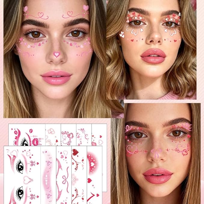 Valentine's Day Temporary Tattoos Hearts Bow Blush Face Tattoos Mixed Styles Cartoon Pink Red Love Bowknot Eye Fake Tattoos Cute Stickers Waterproof Face Stickers for Girls Body Art Makeup 10 Sheets