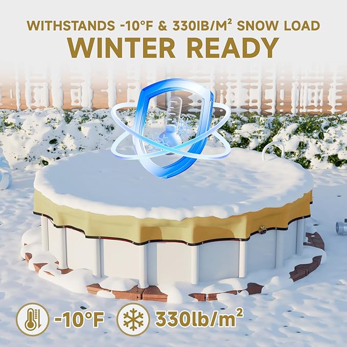 [Upgraded] 18ft/21ft/24ft/28ft Round Winter Pool Covers for Above Ground Pool Cover 21FT Cover 4FT Overlap - 500D Windproof with Steel Cable & Heavy Duty Winch - Swimming Pool Winter Cover Beige