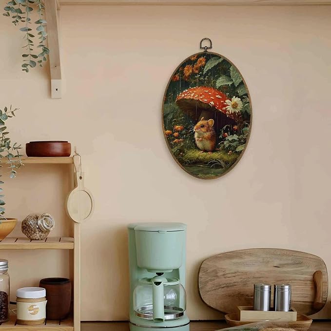 LKETW Vintage Whimsical Rat Mushroom Oval Wall Art Decor, Dark Cottagecore Oval Canvas Hanging Decor, Moody Botanical Rat Mushroom Wall Decorations for Home Room Living Room, 8.6x11.4 Inch