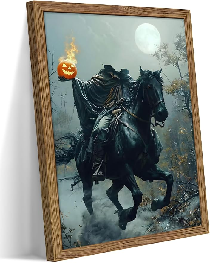 Vintage Framed Halloween Wall Art, Gothic Headless Horseman Pumpkin Picture Poster, Spooky Fall Forest Canvas Prints, Dark Academia Halloween Wall Decor for Living Room Bedroom 12x16 inch