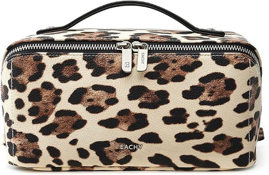 EACHY Travel Makeup Bag, Large Capacity Cosmetic Bag for Women, Waterproof PU Leather, Flat Open Portable Toiletry Bag for Skincare, Brushes & Travel Essentials