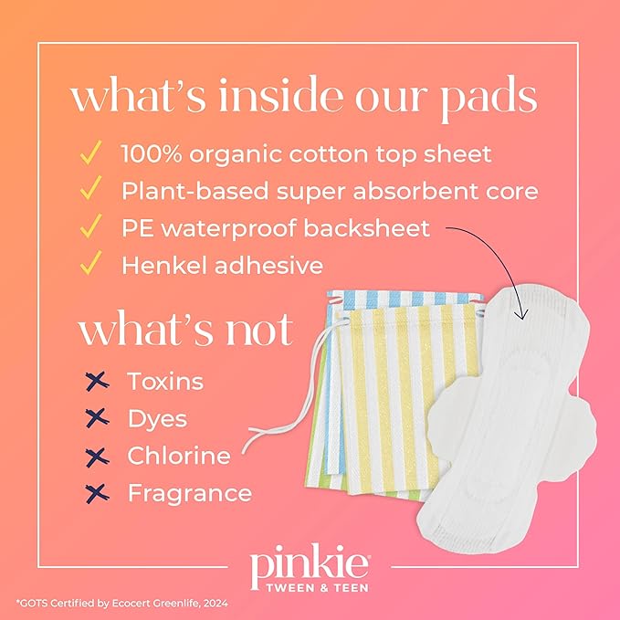 Pinkie First Period Prep Pouch w/ 4 Organic Cotton Pads for Teens & Tweens | First Period Travel Pouch with Mini, Small & Regular Ultra Thin Pads with Wings for Tweens & Teens; Fragrance & Chlorine Free