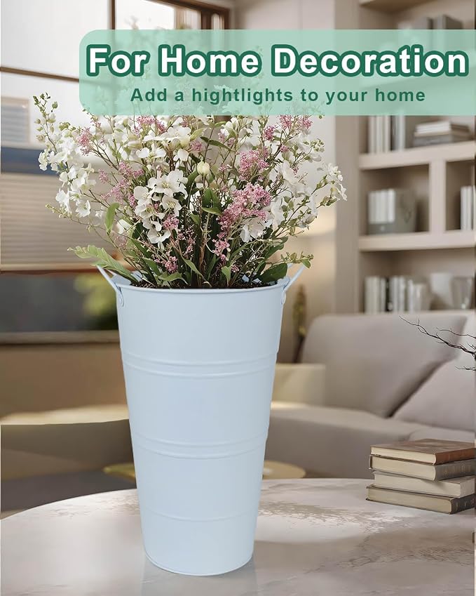 12 Inch Galvanized Metal Vase, 6 Pack Tall Flower Buckets with Handles | Galvanized metal flower buckets with handles, rustic tall vase design for dried flowers, weddings, farmhouse and home decor.