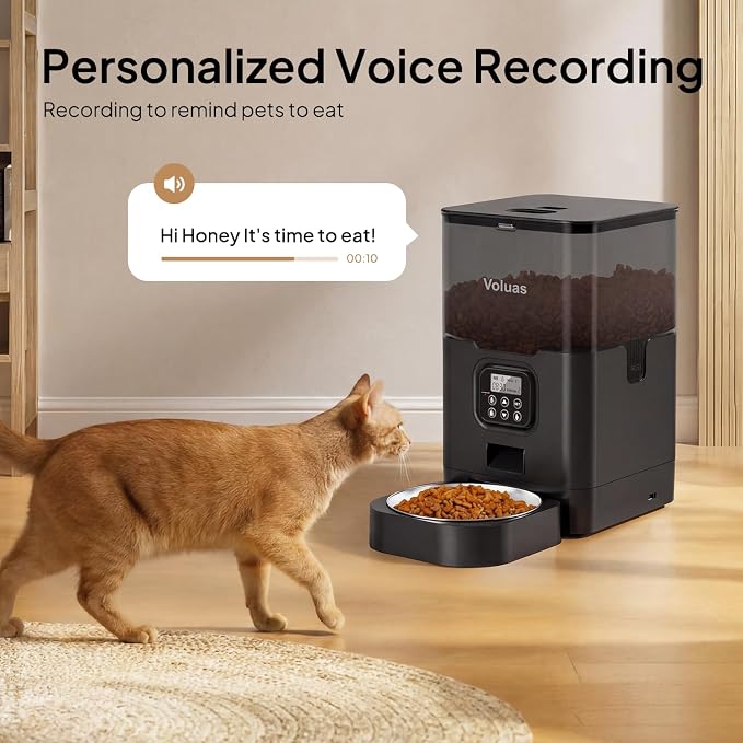 VOLUAS Automatic Cat Feeder, 6L Timed Dry Food Dispenser for Cats & Dogs | Programmable Portion Control, Up to 4 Meals Daily, Dual Power Supply, Power-Off Memory, 10-Second Voice Recorder