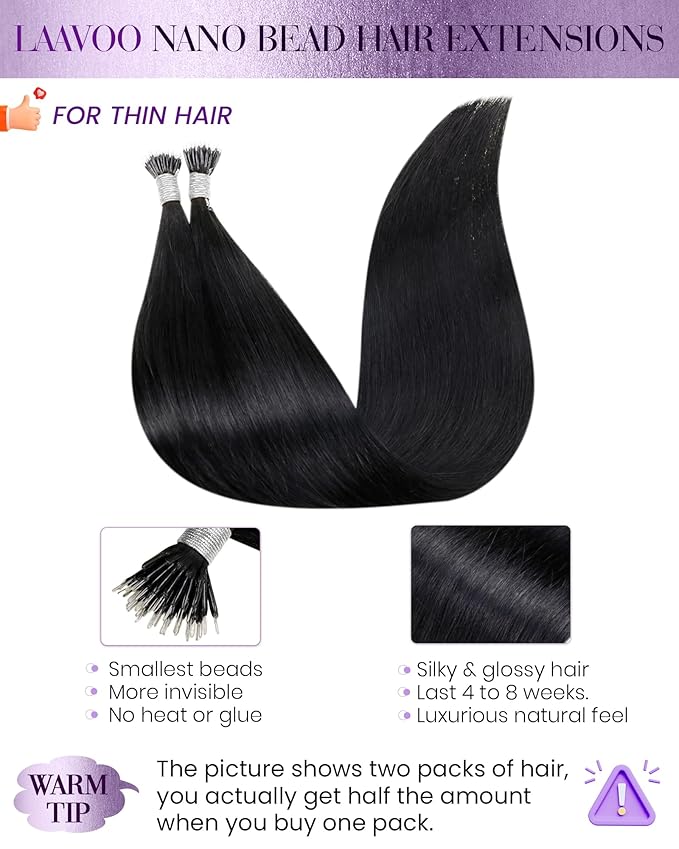 LaaVoo Nano Hair Extensions Human Hair Jet Black Nano Bead Hair Extension Black Nano Ring Extensions Real Human Hair 14 inch 50s 50g
