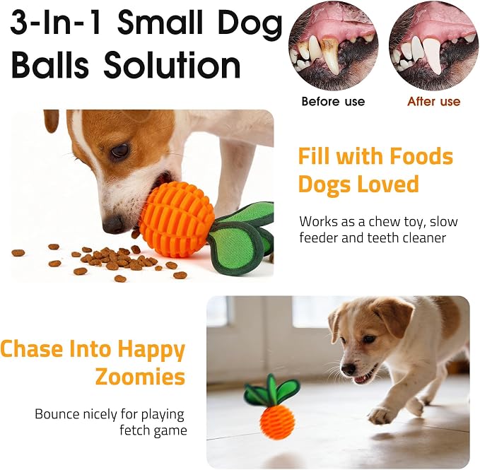 2 Pack Dog Chew Toys for Small Breeds, 2.2" Treat Dispensing Ball, Small Dog Toy Ball with Squeaker for Anxiety & Boredom, Interactive Puppy Chew Toy for Fetch, Tug & Dental Care