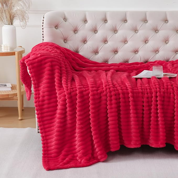 Cherry Red Throw Blanket for Couch Sofa 60x80 inches Striped Design | Fleece Blankets Room Home Decor Lightweight Plush Soft Cozy Gifts for Women Mom