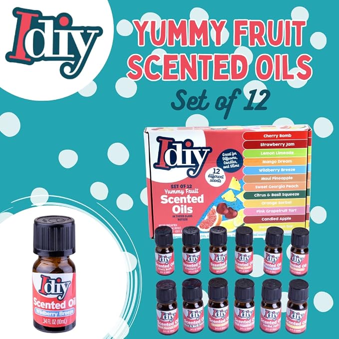 Yummy Fruit Scented Oils (12 Pack) -X Large 10ml (.34 oz) Natural Food Fragrance Bottles for Diffusers, Aromatherapy, Essential Oil, Candles, Crafts, Slime, Gifts -Strawberry, Pineapple, Mango