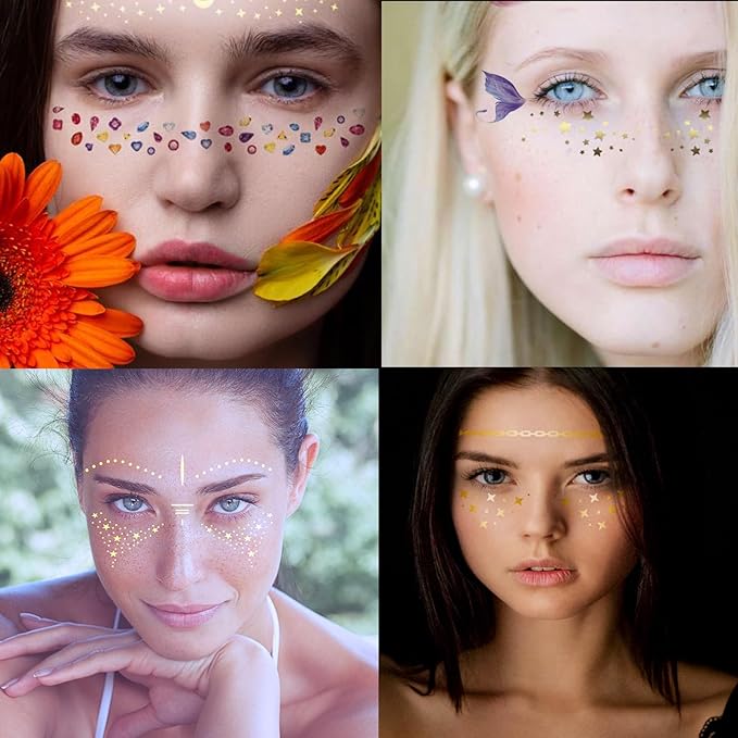 54 Sheets Gold Glitter Freckles Face Tattoo, 150+ Pcs Halloween Face Glitter Temporary Tattoo Stickers, Sparkle Freckles Metallic Face Gems, Faux Freckles Cute Glitter Makeup Accessories For Women