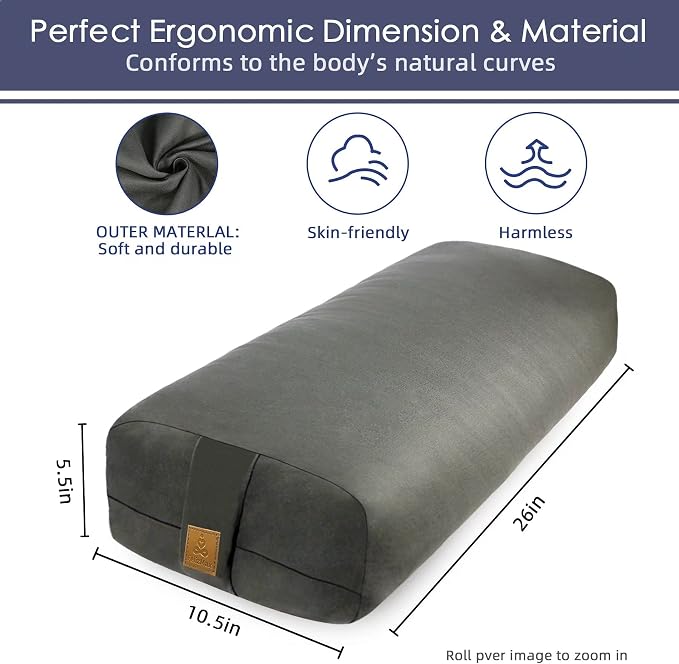 Yoga Bolster Pillow 26x10.5x5.5in Rectangular Meditation Cushion for Yoga Massage and Back Support, Breathable Cotton Fill, Zippered Organic Cotton Cover, Easy-Carry Handle, Machine Washable (Cyan Blue)