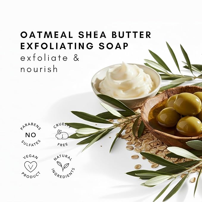 Olivia Care Exfoliating Bar Soap Pack by – 100% Natural & Organic - Infused with Shea Butter & Oats - Deep Clean, Refreshing, Moisturizing & Hydrating - Triple-Milled - X 5 OZ Oatmeal Shea Butter 3 Count (Pack of 3)