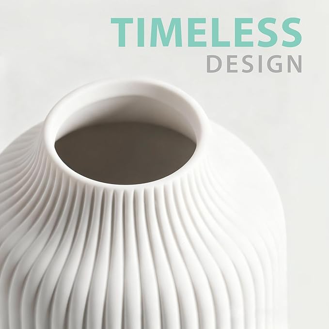 flature Ceramic Vase in Nordic Style, Decovase for Pampas Grass as Boho Deco, Vase White Matt 8 inch for Flowers, Scandinavian Design Home Decoration for Fresh Flowers, Dried Flowers (Size M)