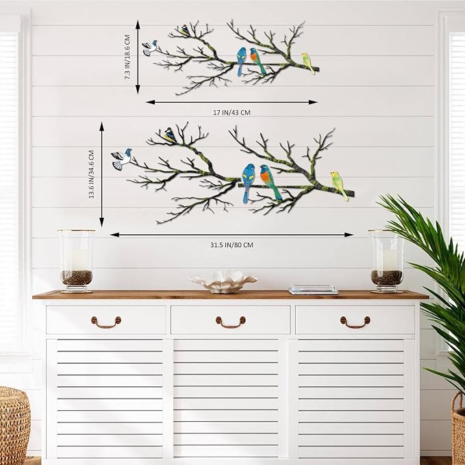 ESTART Metal Birds Wall Art, Metal Vivid Birds on Branch Silhouette Wall Decor Black Leaves with Bird Outdoor Hanging Wall Sculpture for Home Balcony Garden (Bright Color, Large)