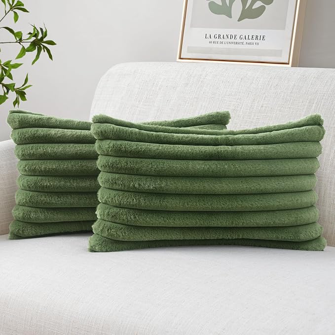 MIULEE Faux Fur Lumbar Throw Pillow Covers 12x20 Set of 2 Moss Green | Modern Soft Plush Couch Pillows, Cozy Fluffy Cushion Covers for Sofa Bed Living Room Home Decor