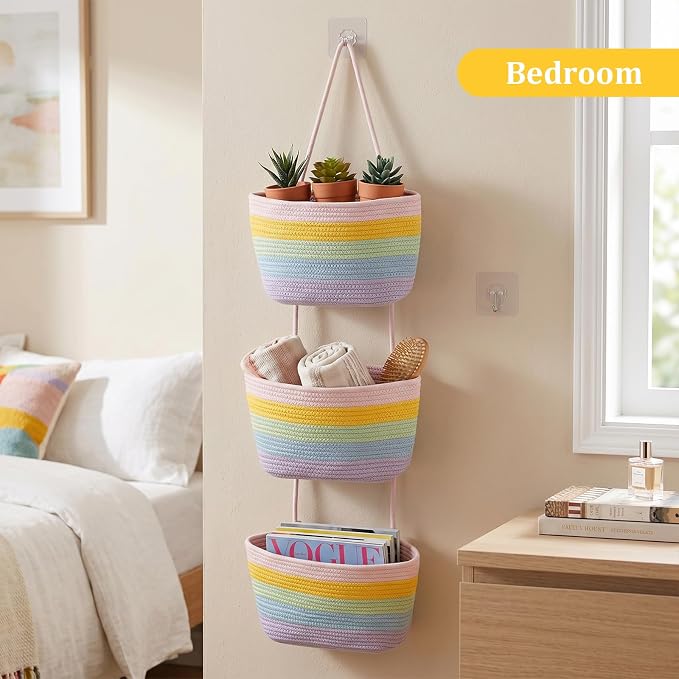 TeoKJ Over the Door Hanging Basket, 3-Tier Woven Cotton Wall-Mounted Storage Organizer Bag Decorative Hanging Nursery Baskets, Rainbow