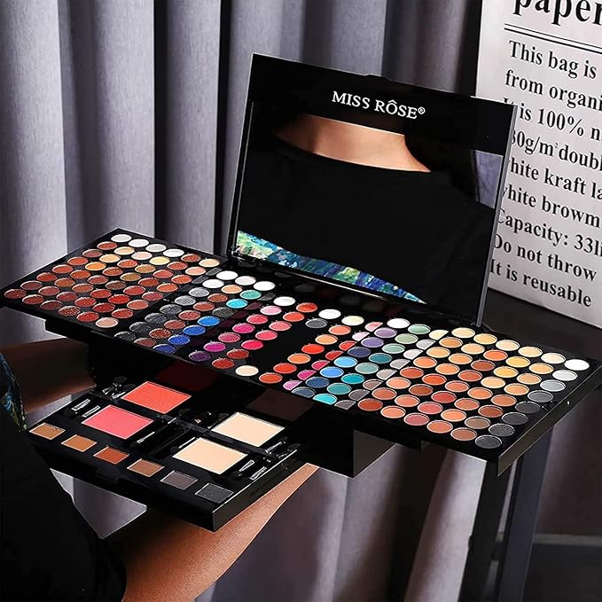 MISS ROSE 190 Colors Cosmetic Make up Piano Box Set,Combination with Eyeshadow /Facial Blusher /Eyebrow Powder /Eyeliner Pencil /Mirror,All-in-1 Makeup Gift Set (Color B)