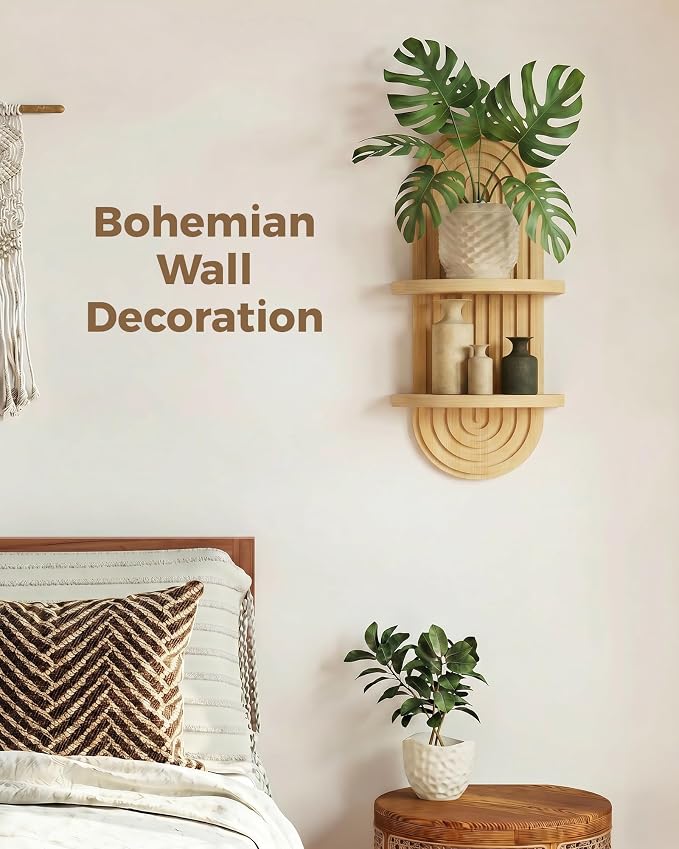 Bamworld Boho Wall Decor Plant Wall Shelf Mid Century Modern Decor Hanging 22in Plant Shelf 2-Tier Wooden Floating Shelves Natural | Mid Century Modern Decor Hanging Plant Shelf Wooden Floating Shelves for Home Bedroom Living Room Holding Planter Decor...
