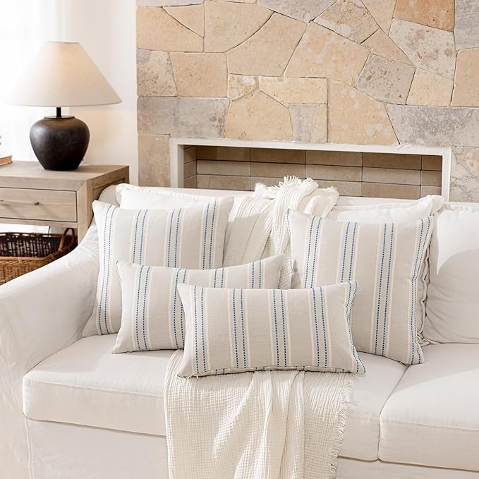 Hckot Striped Throw Pillow Covers 18x18 Set of 2 Lake Blue Pillow Covers | Farmhouse Decorative Pillows Textured Linen Square Cushion Covers for Sofa Couch Bed Living Room Decor(Lake Blue)