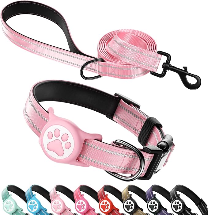 Airtag Dog Collar and Leash Set,Reflective Ultra-Durable Nylon Padded with QR Buckle & IP68 Waterproof Air Tag Holder Compatible for Apple AirTag, Comfortable for Small Medium Large Dogs (Pink Set,M)