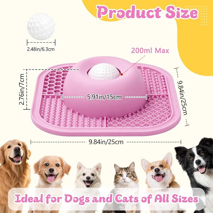 Slow Feeder Dog Bowls & Lick Mat for Liquid and Thick Treat, Anti-Slip Dog Lick Bowl with Interactive Rolling Ball, 5/6 Cup Pup Licking Toy for Large Medium Small Dogs and Cats Pink