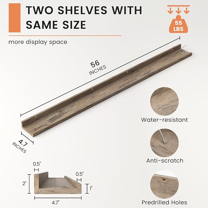 Picture Ledge Shelf, Long Floating Shelves for Wall, 56" W Set of 2, Grey | FSC Certified Engineered Wood, Wall Mounted Bookshelf, for Nursery Living Room Bedroom, Easy Install
