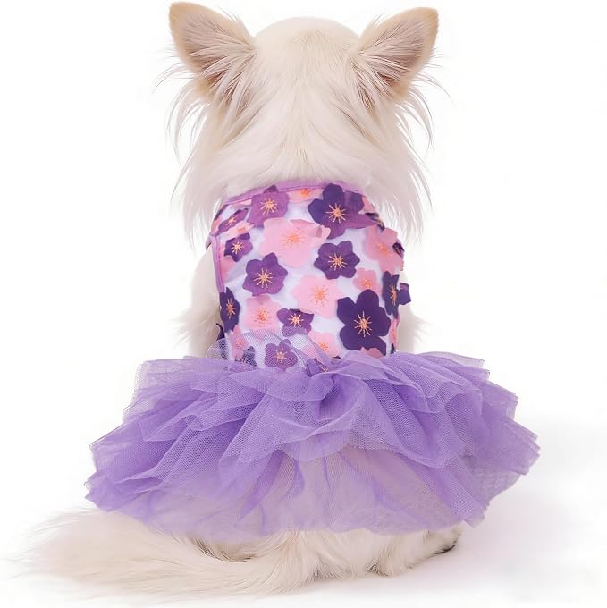 Dog Dress, Fashion Puppy Tutu Princess Dresses for Small Dogs Girl, Sweet Skirt with Dog Bowknot Clips, Spring Dog Cat Clothes Pet Apparel (Purple Floral Dress, XX-Small)