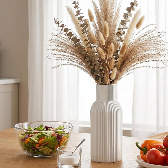 White Ceramic Vase, Modern Matte Ribbed Flower Vase for Pampas Grass, Fresh & Dried Flowers, Waterproof Decorative Home Decor for Living Room, Coffee Table, Bookshelf & Entryway