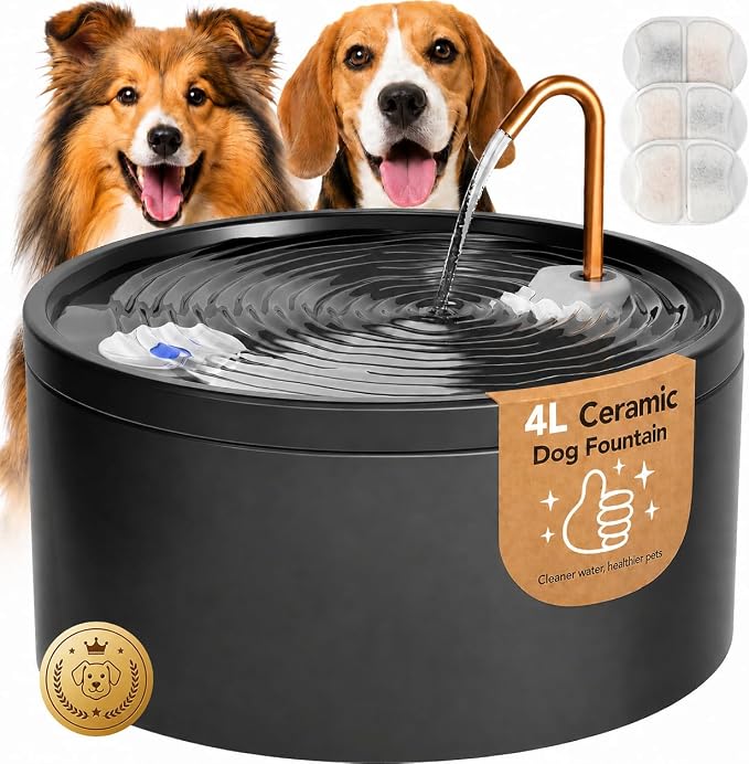 MISFANS Ceramic Dog Water Fountain, All-Ceramic Body, Pure Copper Spout | 4L/135oz Capacity, Under 20dB Pump, Dual Filtration, 3 Filters and 3 Sponges, Two Flow Modes, Small and Medium Dogs, Black
