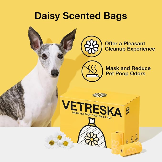 VETRESKA Daisy Scented Dog Poop Bags, 540 Counts, Leak-proof | Extra Thick and Large Pet Waste Bags for Dog Walking and Cat Litter, 36 Refill Rolls