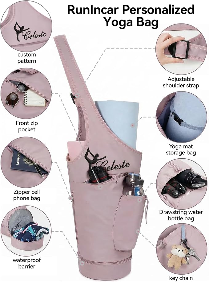 Personalized Yoga Mat Bag for Women Men Embroidery FREE NAME, Waterproof Nylon Yoga Mat Gym Bag Carrier Custom Compartment Fitness Travel Bags Adjustable Strap