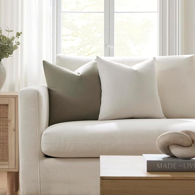 Meekio Set of 2 Ivory Throw Pillow Covers 18x18, Modern Farmhouse Linen Blend Decorative Pillow Covers for Couch Sofa Bed, Neutral Home Decor