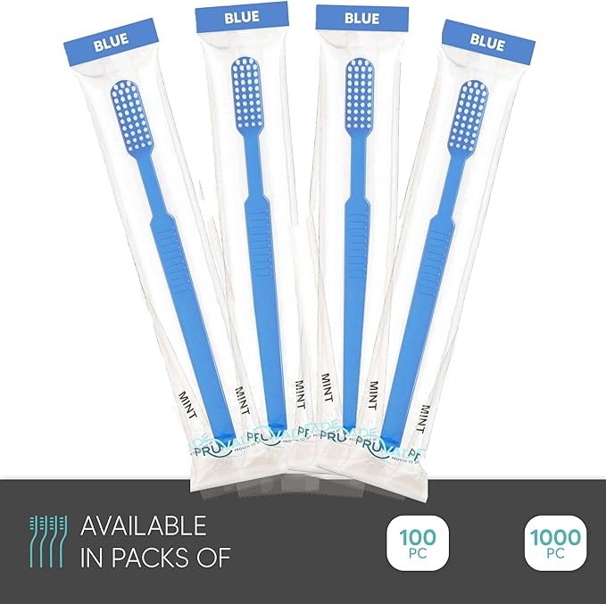 Pruvade 100 Pack Disposable Toothbrushes with Toothpaste Built In | Mint Prepasted Toothbrushes Individually Wrapped - Blue Single Use Waterless Toothbrush with Soft Bristles for Work, Camping, Travel
