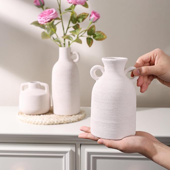Ceramic Vase Set, 3Pcs Flower Vases for Modern Boho Farmhouse Decor, Decorative Vases for Pampas Grass & Dried Flowers, Distressed Finish