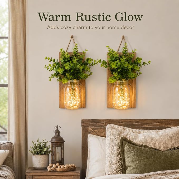 Rustic Wall Sconces, Mason Jar Sconces, Farmhouse Home Decor, LED Fairy Lights, Green Fake Plant, Interior Decoration Warm Toned Lighting. (2 Pack)