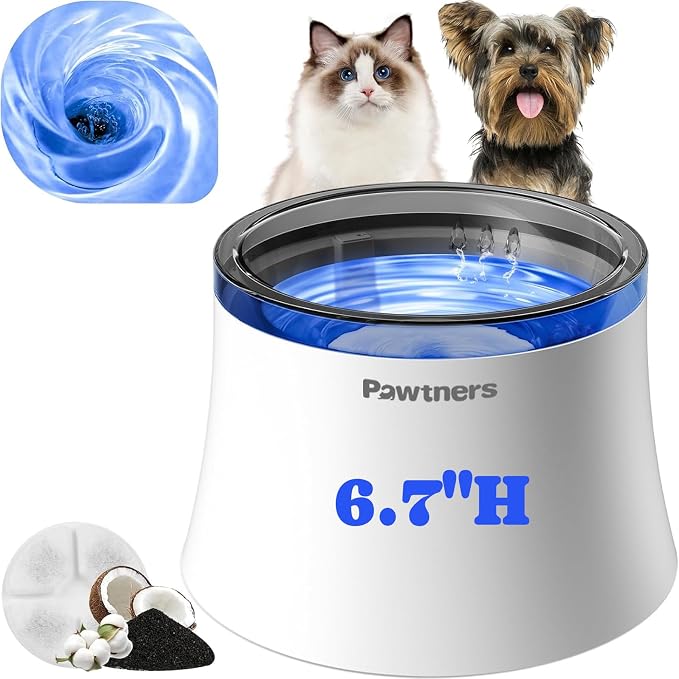 Pawtners 1 Gal/3.5L Dog Water Fountain, Automatic Dog Water Bowl Dispenser | Vortex Flow filter, Automatic Pet Water Fountain for Large Dogs Inside, Deep Drinking Area and Quiet Pump, 6.7" H