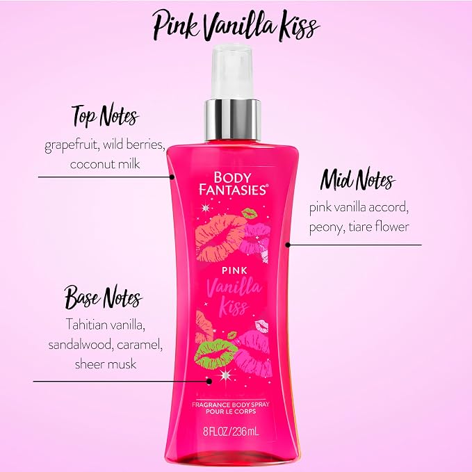 BODY FANTASIES SIGNATURE Fragrance Body Spray, Pink Vanilla Kiss Fantasy, 8 Fluid Ounce (BF44) (Pack of 2)