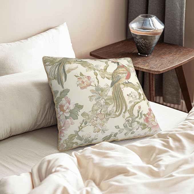 Vintage Bird Floral Velvet Pillow Covers 16x16 Inch Chinoiserie Flowers Leaves Throw Pillows for Couch Farmhouse Cushion Covers Pillowcase Light Green Leaf Pillow Cases for Sofa Bed Outdoor Decor