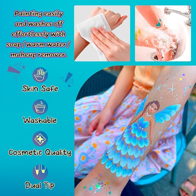 Temporary Tattoo Markers for Skin, 16 Colors Dual-Tip Tattoo Pens + 43 Tattoo Stencils + 50 Tattoo Stickers, Skin-Safe Glitter & Matte Body Markers, Washable Tattoo Kit for Kids Adults