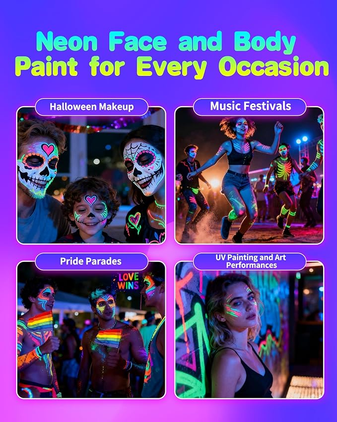 Oiomniv Glow in The Dark Face Paint Markers, 10 Colors UV Neon Body Paint Pens, Waterproof & Skin-Safe Blacklight Tattoo Markers, Washable Temporary Tattoo Pens for Christmas, Festivals & Parties