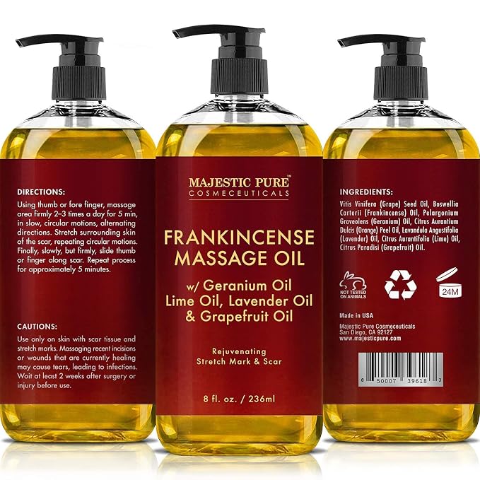 Majestic Pure Sore Muscle Massage Oil and Frankincense Massage Oil Bundle – 8 fl oz Each