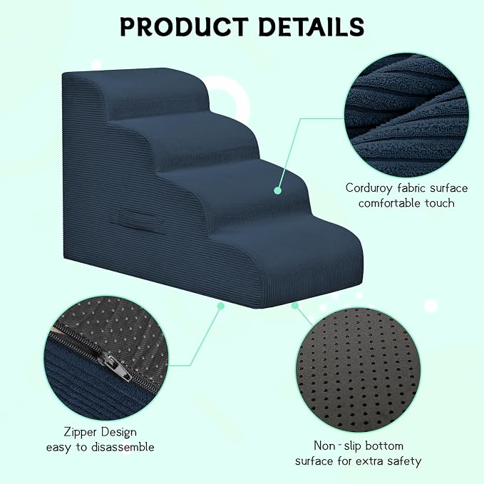 Mesa Lemon 4 Step Dog Stairs Pet Ramp for High Beds, Sofas and Cars | High Density Foam, Non-Slip Bottom, Removable Washable Cover, Portable Handle, Holds Up to 50 lbs, 20 Inch Height