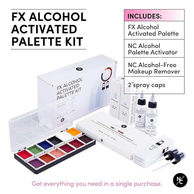 Narrative Cosmetics FX Alcohol-Activated Palette, Activator, and Remover Kit, Professional SFX Makeup Set Multicolor
