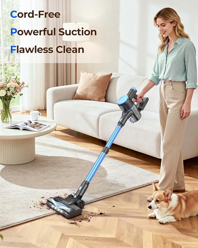 N8 Cordless Vacuum Cleaner,Lightweight Stick Vacuum with Powerful Suction,2200mAh Battery,40 Mins Runtime,Self-Standing, Rechargeable Vacuum Cleaners for Home Hardwood Floor Carpet Pet Hair (Cerulean)