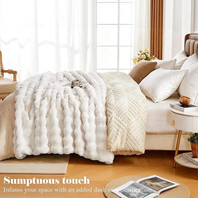 Faux Fur King Blanket for Couch, 1000 GSM Cozy Fuzzy Fluffy Soft Plush Thick Bubble Sherpa Blanket for Sofa Bedroom Living Room, Mothers Day Birthday Gifts for Women Home Decor