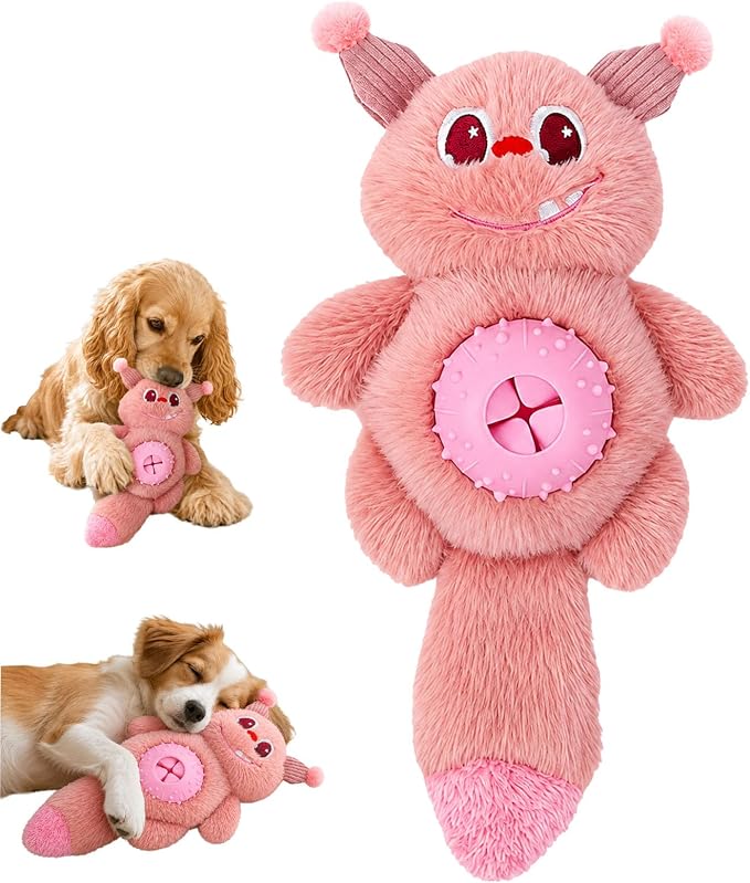 Cute Monster Plush Dog Chew Toy – Squeaky Ball, Crinkle Paper & Treat Dispenser, Washable Interactive Stuffed Toy for All Breeds, Relieves Boredom & Anxiety（Pink）